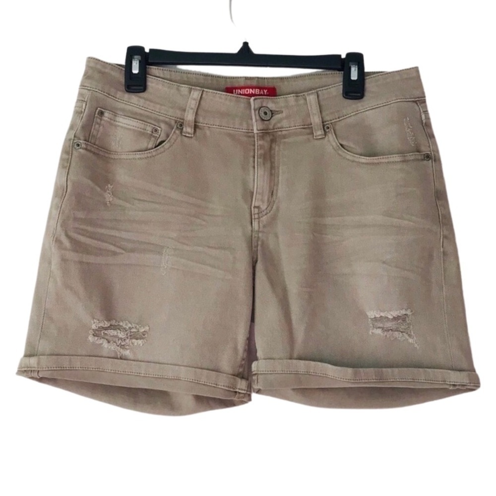 New! Y2K Unionbay Distressed Denim Cuffed Tan Taupe Jean Shorts